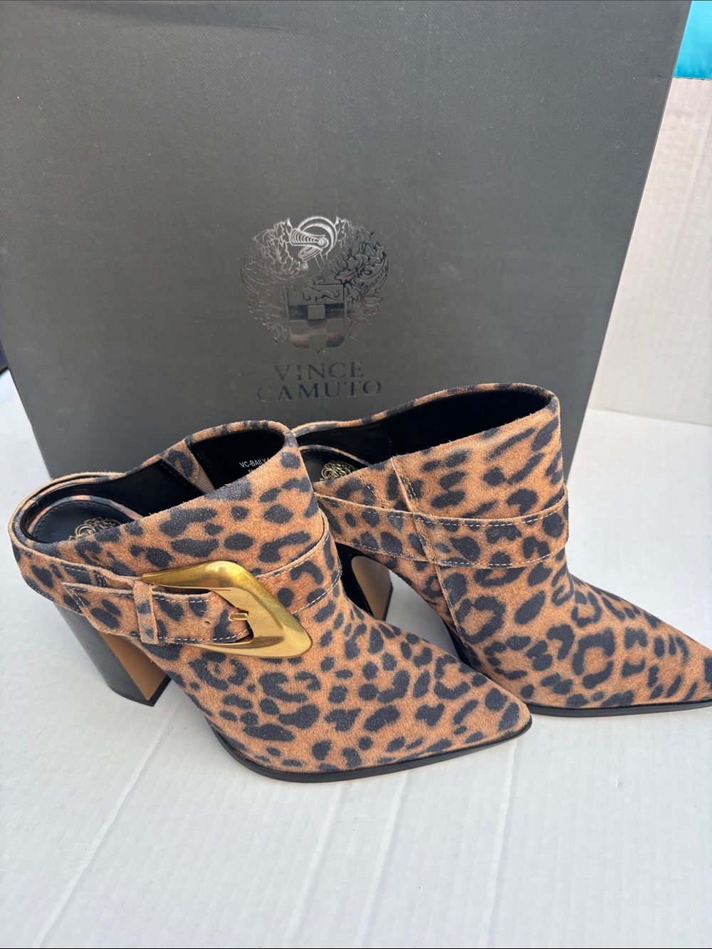 Vince Camuto Leopard-Print Pointed Ankle Booties with Gold Buckle